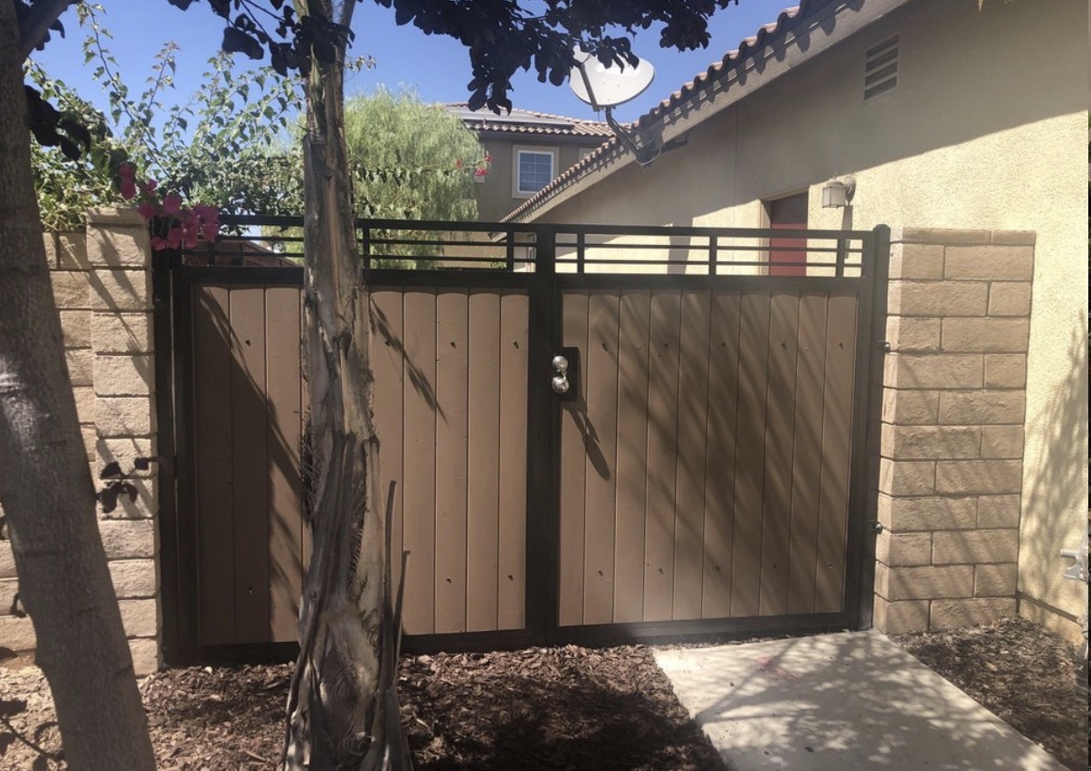 Wood side yard gate with iron frame