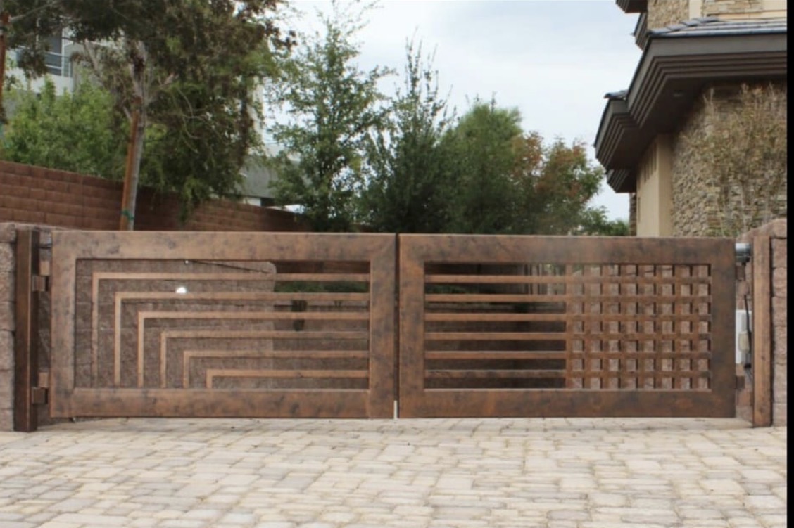 Custom geometric metal driveway gate