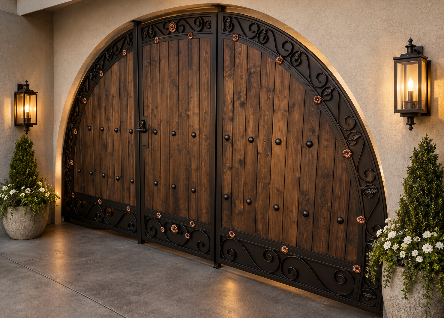 Arched wood entry gate with ornate iron scrollwork