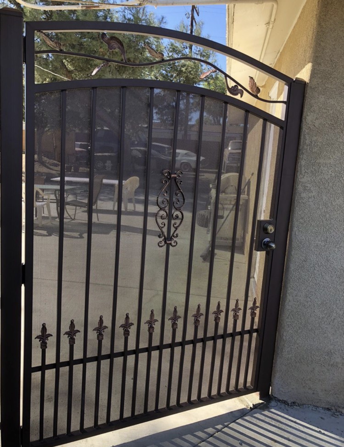 Black iron side gate with leaf vine and fleur details