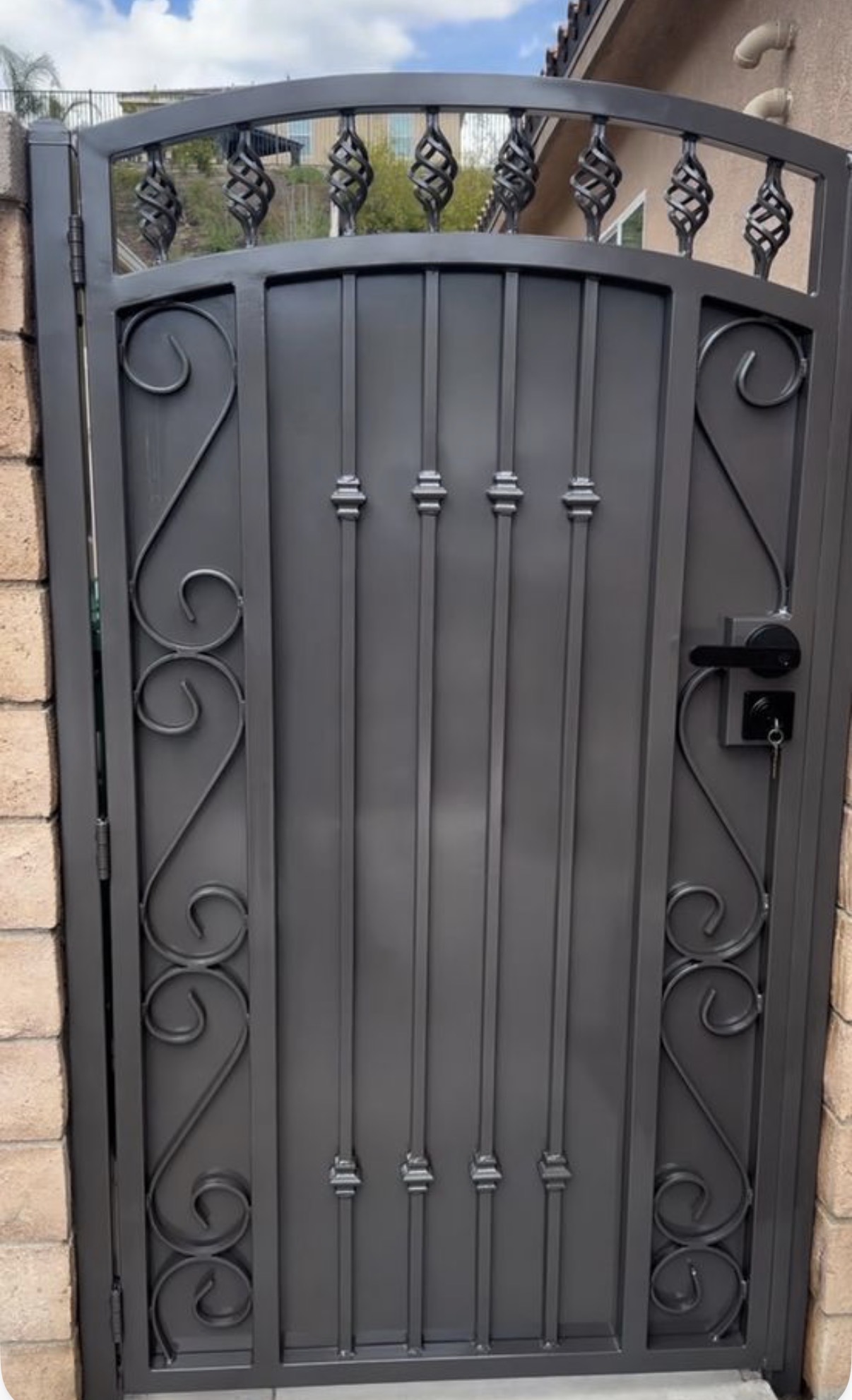 Tall black iron arched side gate with basket twist and scrollwork